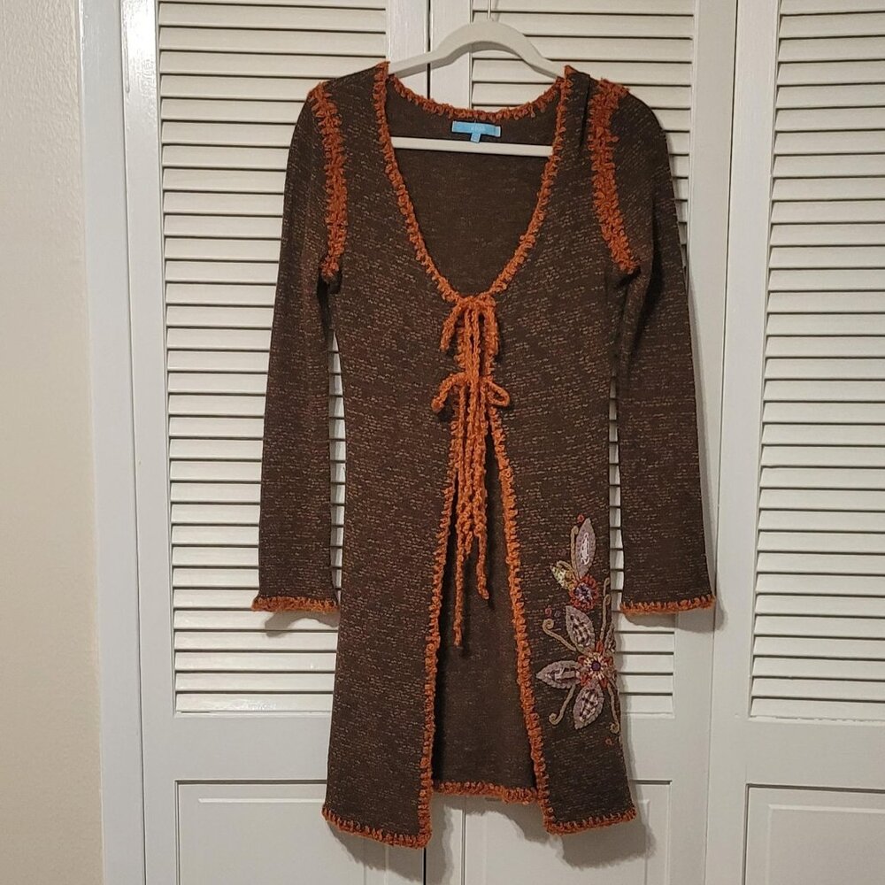 Brown Knit Cardigan with Floral Embroidery